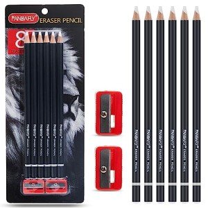 PANDAFLY Eraser Pencil Set, 6pc Eraser Pencils and 2pc Sharpener, Erasing Small Details or add Highlights for Sketching, Charcoal Drawings. Art Eraser Pencils for Artists & Beginners