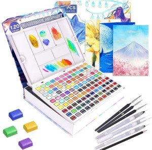 Gunsamg Watercolor Paint Set 120 Colors in Portable Box with Palette Including 12 Fluorescent Colors 15 Macron Colors and 33 Metallic Colors Watercolor Set for Kids Artists Adults