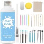 EIGTWEN 100ml Air Dry Clay Glaze and 29pcs Clay tools kit, Gloss Clay Varnish Protects Clay from Surface Wear, Pottery Tools Can be Used for Stippling, Carving, Molding, and Shaping Clay Crafts(Gloss)