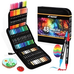 48 Colors Acrylic Paint Markers, Dual Tip with Fine Tip and Brush Tip Pens for Stone, Wood, Calligraphy, Canvas, Ceramic, Metal, Glass, Rock Painting, DIY Crafts Art Supplies Kit