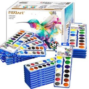 REALART 18 Colors Watercolor Paint Set Bulk, Pack of 24, Watercolor Paint Set with Paint Brushes for Kids and Adults, Washable Paint for Classroom, Parties, Kindergarten and Art Activities
