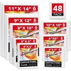 ESRICH 48 Pack Canvas Boards for Painting, 6Pcs of 4x4, 4x6, 5x6, 6x6, 8x10, 10x10, 9x12, 11x14 Canvas for Painting, Cotton Primed Blank Painting Canvas Panels for Oil, Acrylic, Watercolor