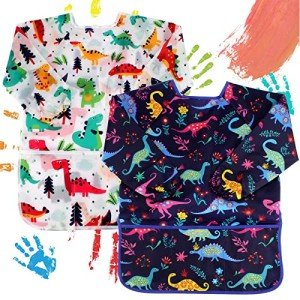 CUBACO 2 Pack Kids Painting Apron Children's Waterproof Artist Apron with Long Sleeve and 3 Pockets for Child 3-8 Years for Art Craft, Cooking, Baking, Feeding (Dinosaur Pattern)