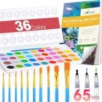 AROIC 65 Pieces Watercolor Paint Set,36 Colors Watercolor,10 Brushes,3 Refillable Water Brush Pens,16 Page Pad(8.5 * 5.5in),Profesional Watercolor Kit for Kids, Adults, Beginners