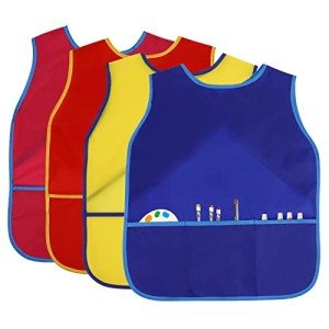 BAHABY 4-Piece Kids Art Smocks - Waterproof Painting Aprons with Pockets, 3-8 Years, 4 Colors