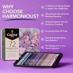 Castle Art Supplies Harmonious Colored Pencil Set | 72 Muted, Wax-Based Soft Core Coloring Pencils for Adult Artists' Relaxation | Presented in Tin Case
