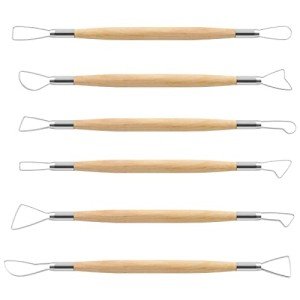 Suiwotin 6pcs Double-Sided Clay Sculpting Tools, Wooden Handle Ribbon Clay Tools, Pottery Trimming Tool, Clay Wire Loop Sculpture Set for Ceramic, Wax Carving Modeling
