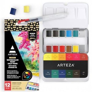 ARTEZA Watercolor Paint, Set of 12 Assorted Vibrant Colors in Half Pans, Tin Box with Water Brush Pen for Artists, and Beginners