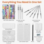 100 Colors Watercolor Paint Set, Vivid colors including Regular, Metallic, Macaron and Fluorescent, Portable with Carrying Case, Water Brushes, Palette and Accessories, For Beginners and Professionals