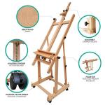 Mont Marte Tilting Studio Wooden Floor Easel. Height Adjustable Extra Large H-Frame Featuring a Large Tilt Range. Castor Wheels Allow Easy Movement and Can Be Locked into Place.
