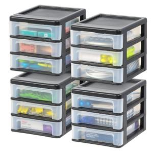 IRIS USA Plastic Stacking Desk Top 3-Drawer Storage Organizer, 4-Pack, for Makeup Vanity Nail Polish Bathroom Stationery Art Craft Supplies Kitchen Office Garage and Small Organization, Small, Black