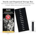 Aenir Compressed Charcoal Sticks Set of 12 – Soft, Medium, Hard Charcoal for Drawing, Sketching & Shading – Art Supplies for Artists, Beginners & Adults