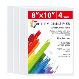 Simetufy 4 Pack 8x10 Inch Canvas Boards Canvas Panels-Gesso Primed Acid-Free 100% Cotton Blank for Acrylics Oil Watercolor Tempera Paint
