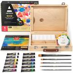 Arteza Gouache Paint Kit, 21 Pieces Art Set, 12 Gouache Art Paint Tubes, 5 Acrylic Brushes, Paper Pad, Plastic Palette, and Wooden Storage Case, Art Supplies for Professional Artists and Hobbyists