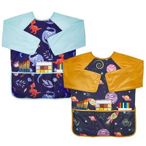 Lictin 2 Pack Kids Art Smocks, Toddler Smock, Waterproof Artist Painting Aprons for Children, with Long Sleeve and 3 Pockets for Age 3-8 Years Blue