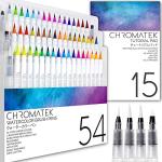 CHROMATEK 54 Watercolor Pens Set | Including 15 Page Pad & Online Video Tutorial Series | 4 Aquapens & 50 Unique Colors | Real Brush Pens | Easily Blendable, Vivid, Smooth | Professional Art Supplies