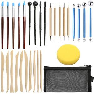 LotFancy 30PC Polymer Clay Tools Kit - Premium Stainless Steel & Wooden Handle Sculpting Tools for Ceramics, Air Dry Clay, Baking, Carving, Dotting, Molding, Painting - Includes Carrying Pouch
