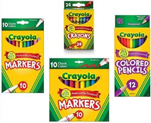 Crayola Crayons (24 Count), Crayola Colored Pencils in Assorted Colors (12 Count), Crayola (10ct) Classic Fine Line Markers, and Crayola (10ct) Classic Broad Line Markers Holiday Bundle