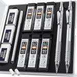 Nicpro 2 PCS Mechanical Pencil 0.5mm & 0.7 mm with Case, MP1000 Metal Artist Pencil Set with 6 Tubes HB Lead Refills, 3 Erasers, 9 Eraser Refills For Art Writing Drafting, Drawing, Sketch, Silver
