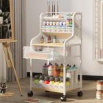 Rolling Craft Cart with Drawer, White Small Utility Art Cart, Metal Storage Cart with Lockable Wheels, 6 Tiers Paint Organizer for Art Supplies, Store for Brushes Paints Artifacts Small Parts