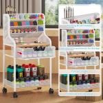 Rolling Craft Cart with Drawer, White Small Utility Art Cart, Metal Storage Cart with Lockable Wheels, 6 Tiers Paint Organizer for Art Supplies, Store for Brushes Paints Artifacts Small Parts