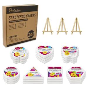 24Pack Stretched Canvas for Painting, 100% Cotton Art Canvases with Easel for Painting, 5/8 Inch Profile 8 Ounce Acid-Free Painting Canvas Supplies for Acrylics,Oils & Other Painting Media - 10cm