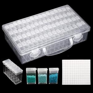 SGHUO 64 Grid Diamond Painting Storage Containers Diamond Art Accessories Tool Box Craft Storage with Adjustable Dividers for Beads, Art DIY, Crafts, Jewelry, Plastic Organizer with Label Stickers
