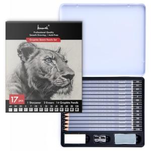 Brusarth Professional Sketch Pencils for Drawing Set - Graphite Pencils (4H-10B), Graphite Sticks, Erasers and Sharpener, Art Pencils for Sketching- Ideal for Artists and Beginners,17Pcs