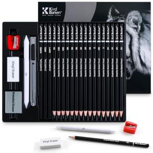 Kird Barken 24PCS Professional Sketch Pencil Set – 5H to 14B Pencils, Charcoal Pencils, Art Supplies Kit with Erasers, Sharpener, Knife – Ideal Gift for Artists, Students, Kids, Beginners