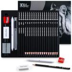 Kird Barken 24PCS Professional Sketch Pencil Set – 5H to 14B Pencils, Charcoal Pencils, Art Supplies Kit with Erasers, Sharpener, Knife – Ideal Gift for Artists, Students, Kids, Beginners