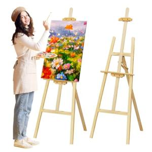 Nian Feng Wooden Easel for Painting, Large Floor Painting Stand for Adjnstable Height and Folding, 59-Inch, for Canvas Wedding Sign Poster, Art Easel for Adults and Teens (Natural)
