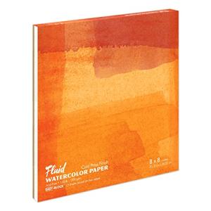 Fluid Watercolor Paper Block, 8 x 8 inches, 15 Sheets, 140 lb (300 GSM) Cold Press Pad for Artist Painting and Wet Media