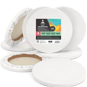 ARTEZA Round Stretched Canvas, 10 Inch Diameter, Pack of 8, Blank White Canvas Boards for Acrylic, Oil and Gouache Painting