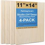 Falling in Art Unfinished Birch Wood Canvas Panels Kit, 4 Pack of 11x14'' Studio 3/4'' Deep Cradle Boards for Pouring Art, Crafts, Painting and More