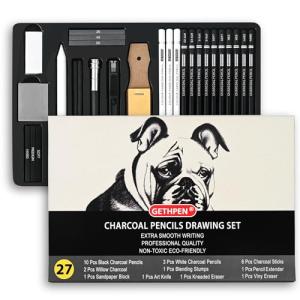 27 Piece Charcoal Drawing Set - Professional Black & White Charcoal Pencils for Sketching, Shading & Blending, Graphite Sticks with Artist Art Supplies Kit (Beginners & Professionals)