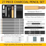 27 Piece Charcoal Drawing Set - Professional Black & White Charcoal Pencils for Sketching, Shading & Blending, Graphite Sticks with Artist Art Supplies Kit (Beginners & Professionals)