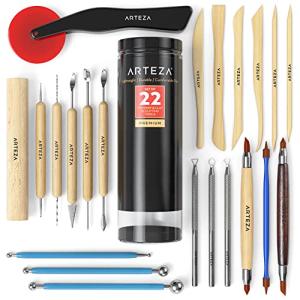 ARTEZA Pottery & Polymer Clay Tools, 22-Piece Sculpting Set with Steel Tips and Wooden Handles, Craft Kit for Pottery Modeling and Carving