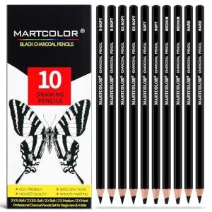 MARTCOLOR Charcoal Pencils for Drawing, 10 Pieces (S-Soft, Ex-Soft, Soft, Medium, & Hard) Black Charcoal Pencils for Sketching, Shading, Blending