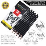 MARTCOLOR Charcoal Pencils for Drawing, 10 Pieces (S-Soft, Ex-Soft, Soft, Medium, & Hard) Black Charcoal Pencils for Sketching, Shading, Blending