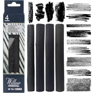 Dlicoda Willow Charcoal Sticks, 14-16MM Jumbo Willow Charcoal Pencils for Artists, Beginners, Students, 4 Pcs Natural Charcoal Stick for Sketching, Drawing, and Shading