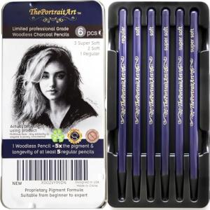ThePortraitArt Artist Woodless Pure Charcoal Pencils - Ultra Soft and Dark – 6pc Set Equivalent to 28+ Regular Pencils – Smooth Consistency on All Drawing Papers