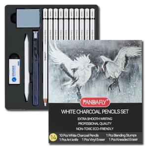 PANDAFLY White Charcoal Pencils Set, Professional 14 Piece Charcoal Pencils for Drawing, Sketching, Shading, Blending, White Chalk Pencils for Kid, Beginners & Pro Artists