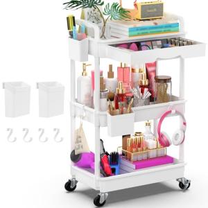 Goovilla 3 Tier Rolling Utility Cart Organizer with Removable Drawer, Stable and Sturdy White Rolling Storage Carts with 2 Lockable Wheels for Bathroom, Kitchen, Snack, Craft, Makeup, Baby Essentials