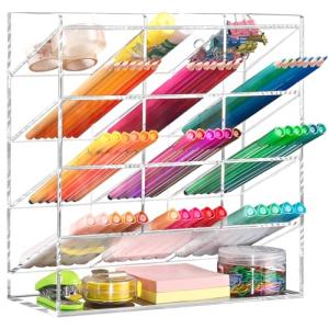 BEYGORM Acrylic Vertical Marker Organizer for 150 Markers with 13 Compartments, Clear Angled Pen & Pencil Holder, Large Desk Stationery & Art Supply Storage for Office & School (10.2 x 9.8 x 4 Inch)