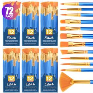 ESRICH Paint Brushes Set,6pack 72pcs Nylon Hair Round-Pointed Tip Acrylic Paint Brushes for Watercolor Oil Rock Face Painting,12 Sizes Paint Brush for All Purposes Kids Adult Arts Painting Brush Kits