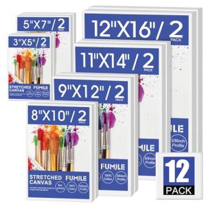 FUMILE Stretched Canvas for Painting, Blank Canvases for Painting Multi 12 Pack 3x5, 5x7, 8x10, 9x12, 11x14, 12x16 (2 of Each), Primed Acid Free Painting Canvas for Beginners & Artists.