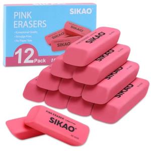 Sikao Pink Erasers 12 Pack Pencil Erasers for Kids, Pink Bevel Eraser Latex Free, Rubber Erasers Bulk, Art Eraser for Drawing, Classroom Essentials for Students Teachers, Office School Supplies