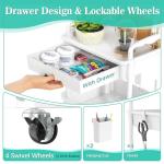 SUNALLY 3 Tier Rolling Cart with Drawer, Bathroom Storage Organizer with 2 Lockable Wheels, Multifunctional Rolling Storage Cart for Bathroom, Kitchen, Office, Craft, Makeup, Baby Essentials, White