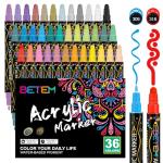 Betem 36 Colors Dual Tip Acrylic Paint Pens Markers, Premium Acrylic Paint Pens for Wood, Canvas, Stone, Rock Painting, Glass, Ceramic Surfaces, DIY Crafts Making Art Supplies