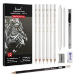 Brusarth White Charcoal Pencils Set - 12 Piece Sketch Highlight White Pencils Set for Drawing, Sketching, Shading, Blending, Artist Pencils for Artists, Professionals or Beginners